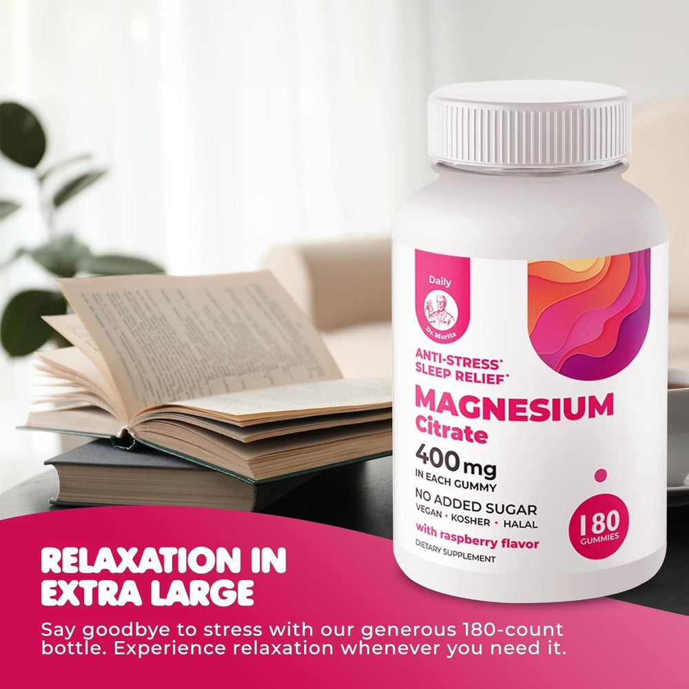 DR. MORITZ Magnesium Gummies bottle on desk ready for bedtime routine