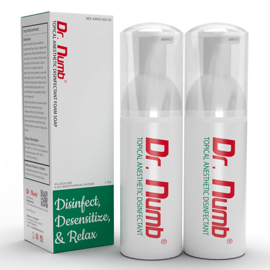 Dr. Numb 4% lidocaine foam soap packaging highlighting fast-acting topical relief.