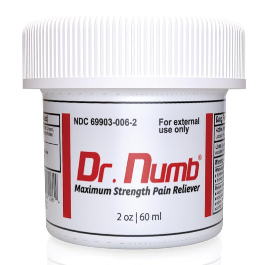 Dr. Numb 5% lidocaine cream tube; fast numbing relief begins quickly.