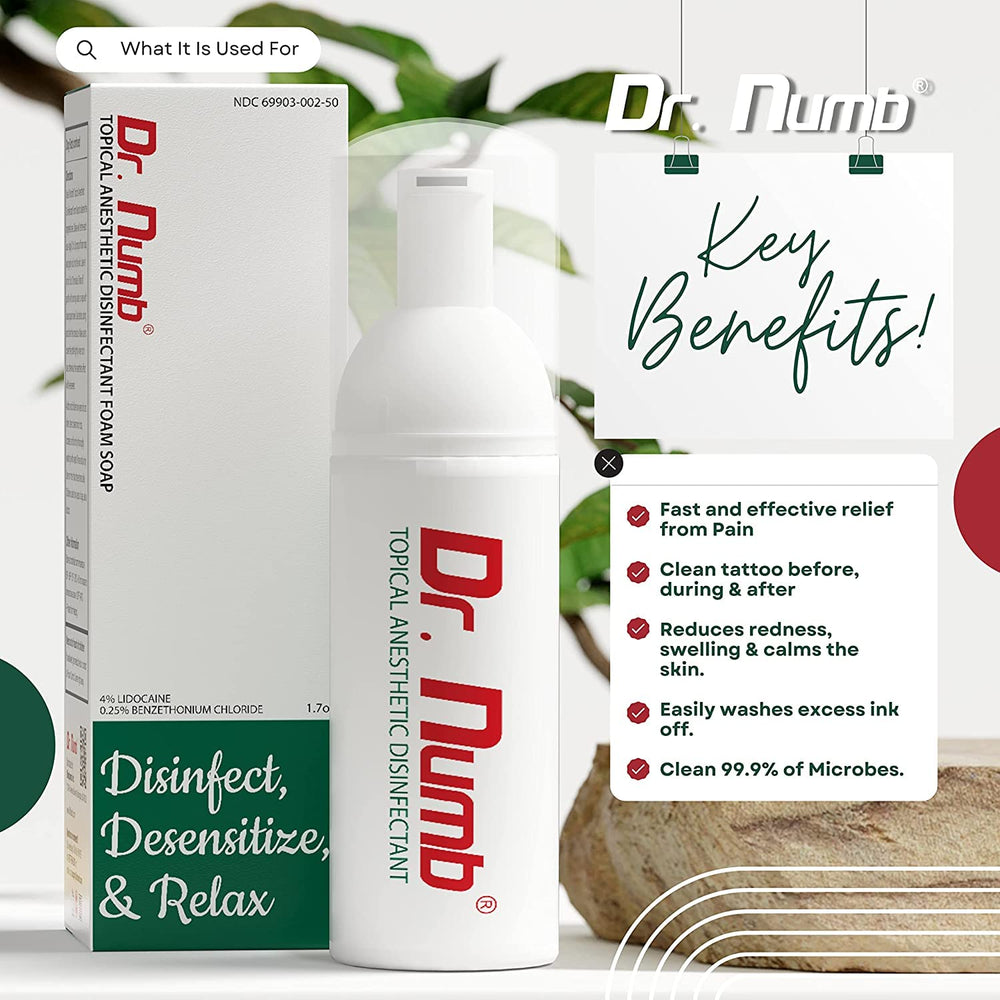 Dr. Numb foam soap lather on skin provides soothing comfort after irritation.