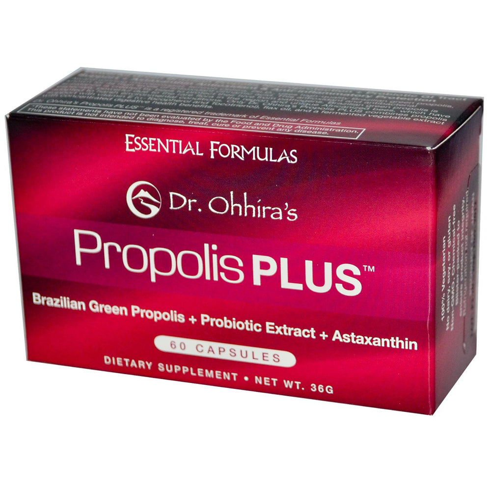 Dr. Ohhira's Propolis Plus label closeup highlighting antioxidants and omega-3 blend.