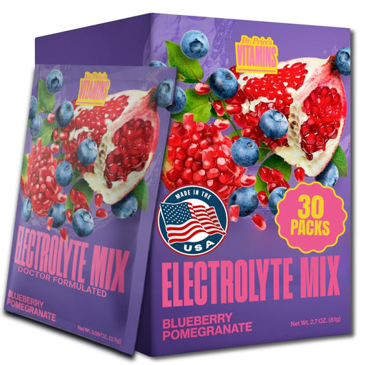 Dr. Price's Electrolytes blueberry-pomegranate packets dissolving in water for hydration