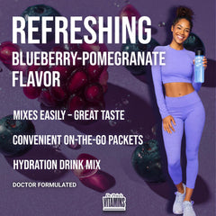 Travel-friendly Dr. Price's Electrolytes blueberry-pomegranate sachets in a bag