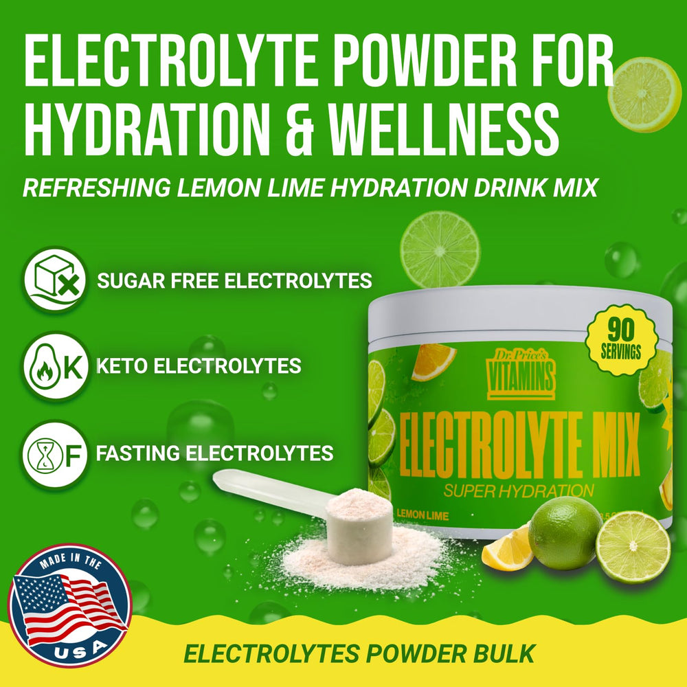 Front label of Dr. Price's Electrolytes Lemon Lime bottle highlights keto-friendly hydration.