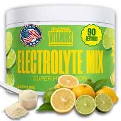 Dr. Price's Electrolytes Lemon Lime powder being poured into a glass for hydration.