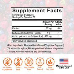 Closeup of Berberine Pro capsules highlighting high potency berberine with ALA.