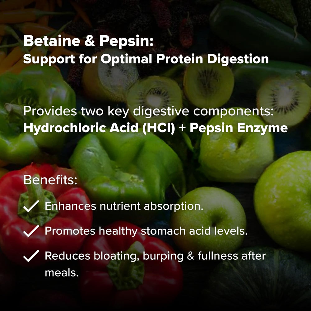 Gluten-free and dairy-free Dr. Rajsree Betaine & Pepsin capsules.