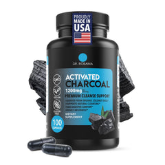 Dr. Robaina activated charcoal capsules front view for convenient digestive support after meals.