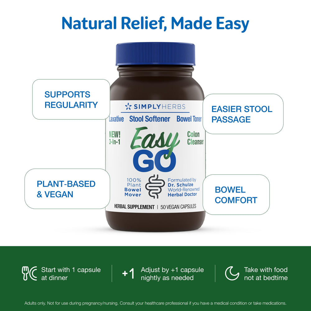 Label on Easy Go Bowel Mover indicating 50 vegan capsules for daily use.