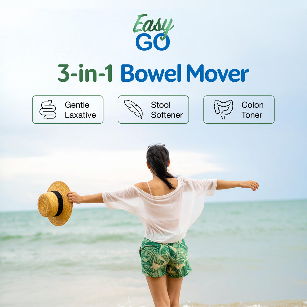 Herbal blend of Easy Go Bowel Mover highlights organic ingredients for balanced digestion.