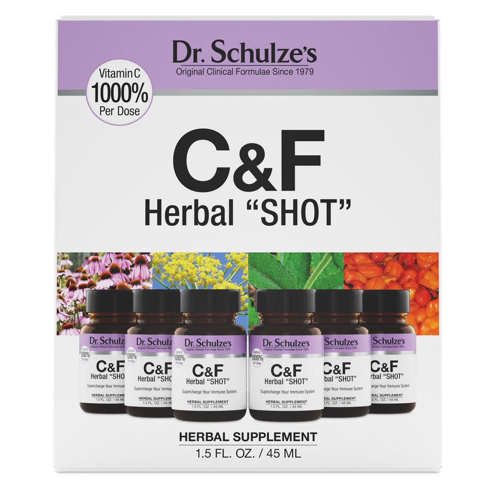 Dr. Schulze's Herbal Shot front bottle shows an organic blend for daily support