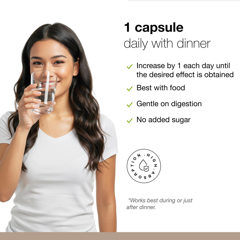 Dosing directions on packaging show starting with one capsule daily with meals