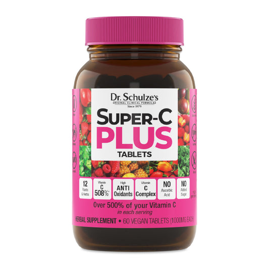 Dr. Schulze's Super-C Plus bottle front with plant-based vitamin C in focus.