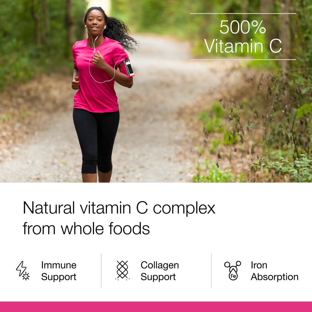 Organic fruits and herbs in the blend illustrate natural vitamin C sources for everyday wellness.