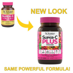 Dr. Schulze's Super-C Plus measuring scoop highlighting high-potency vitamin C dosing.