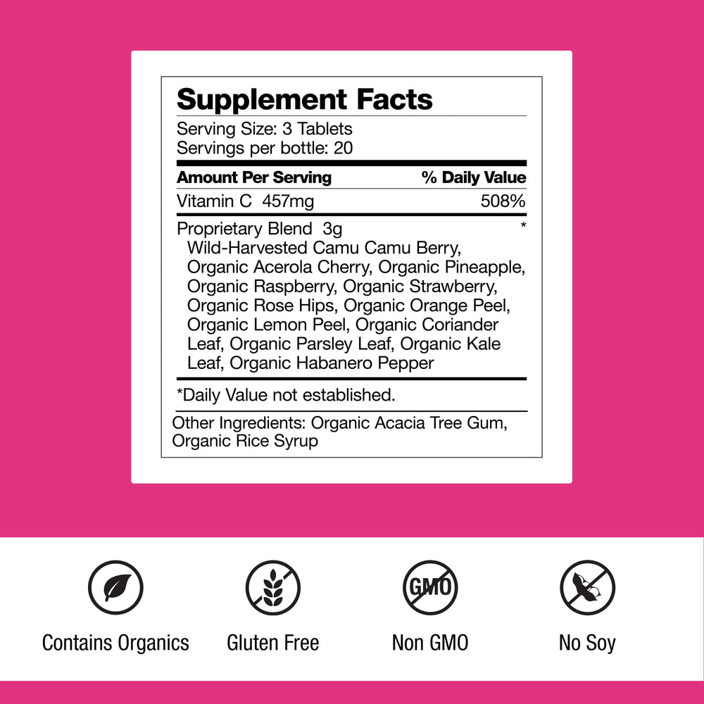 Close-up of Super-C Plus tablets highlighting chewable daily-use form.