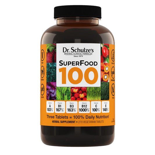 Dr. Schulze's SuperFood 100 bottle front for daily plant-based nutrition.