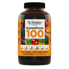 Dr. Schulze's SuperFood 100 bottle front for daily plant-based nutrition.