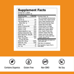Dr. Schulze's SuperFood 100 bottle side showing gluten-free, dairy-free formulation.