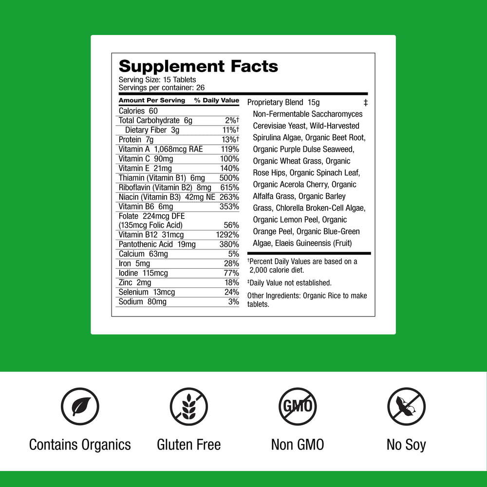 Closeup of Dr. Schulze's SuperFood Plus label highlighting vegan, gluten-free formula.
