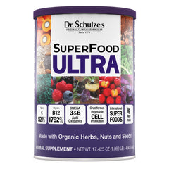 Dr. Schulze's SuperFood Ultra front tub shows organic vegan formula for everyday nutrition.