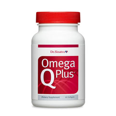 Dr. Sinatra Omega Q Plus bottle and capsules for daily heart health support