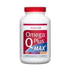 Dr. Sinatra Omega Q Plus MAX bottle and softgels for heart support.