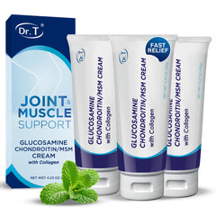 Dr. T Glucosamine Cream tube showing joint support ingredients for mobility.