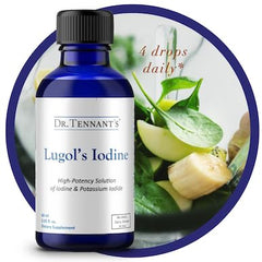 Dropper dispensing iodine drops from Dr. Tennant's bottle