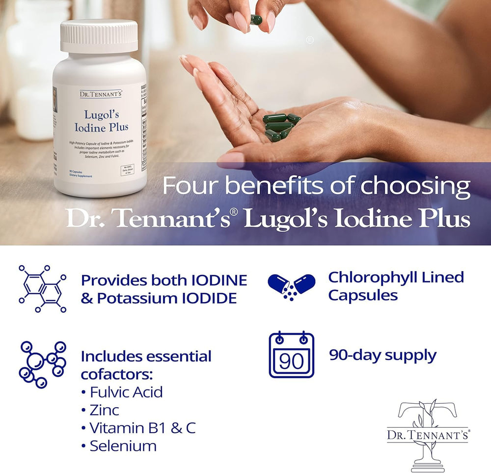 Dr. Tennant's iodine bottle on desk suggests simple daily support.