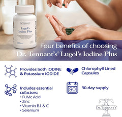 Dr. Tennant's iodine bottle on desk suggests simple daily support.