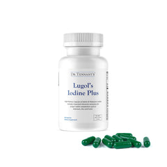 Dr. Tennant's Iodine supplement bottle pouring for daily essential iodine support.