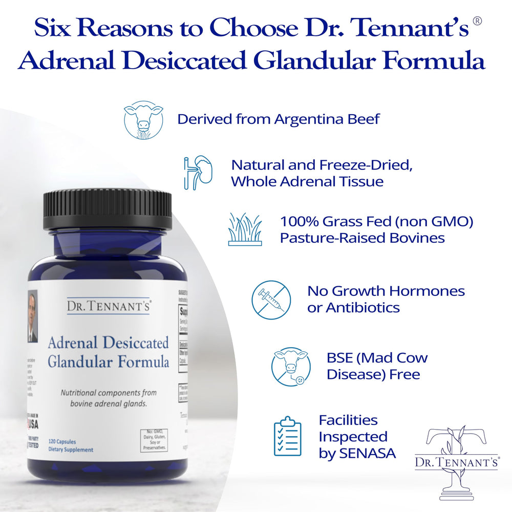 Dr. Tennant's Stress & Adrenal packaging close-up, suggesting endocrine health support.