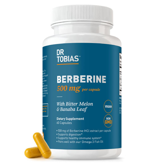 Dr. Tobias Berberine 500mg bottle displaying premium capsules for gut and energy support.
