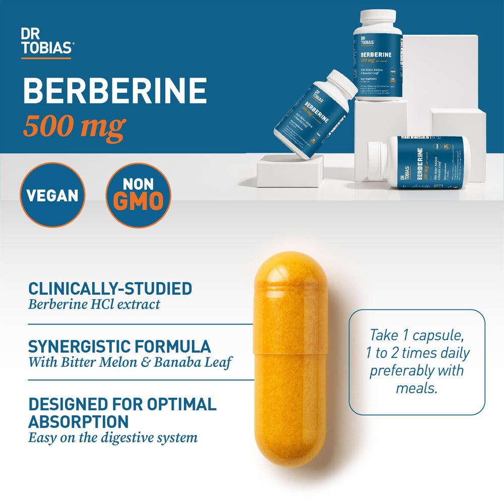 Dr. Tobias Berberine label closeup highlighting Berberine HCL and ingredients.