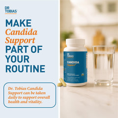 Dr. Tobias Candida Support capsules poured for easy daily use.