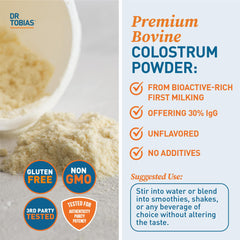 Dr. Tobias Colostrum powder dissolving into water; unflavored and simple to mix