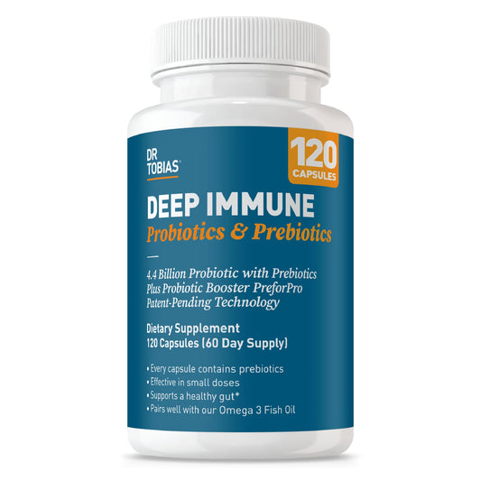 Dr. Tobias Deep Immune bottle front shows capsules for gut balance.
