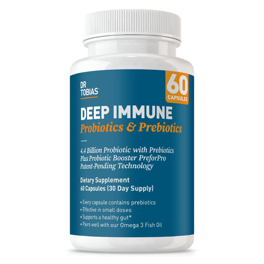 Dr. Tobias Deep Immune Probiotics bottle with label highlighting 4.4B CFU for gut balance
