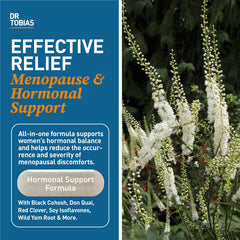 Dr. Tobias Menopause Relief capsules close-up showing 60 capsules for daily support