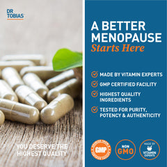 Dr. Tobias Menopause Relief USA-made quality seal and non-GMO indicators