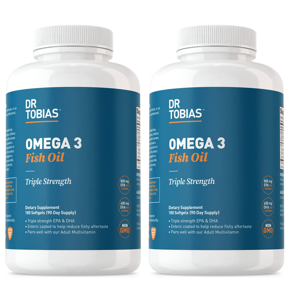 Dr. Tobias Omega 3 2000mg bottle with enteric coating for easy swallowing and no aftertaste.