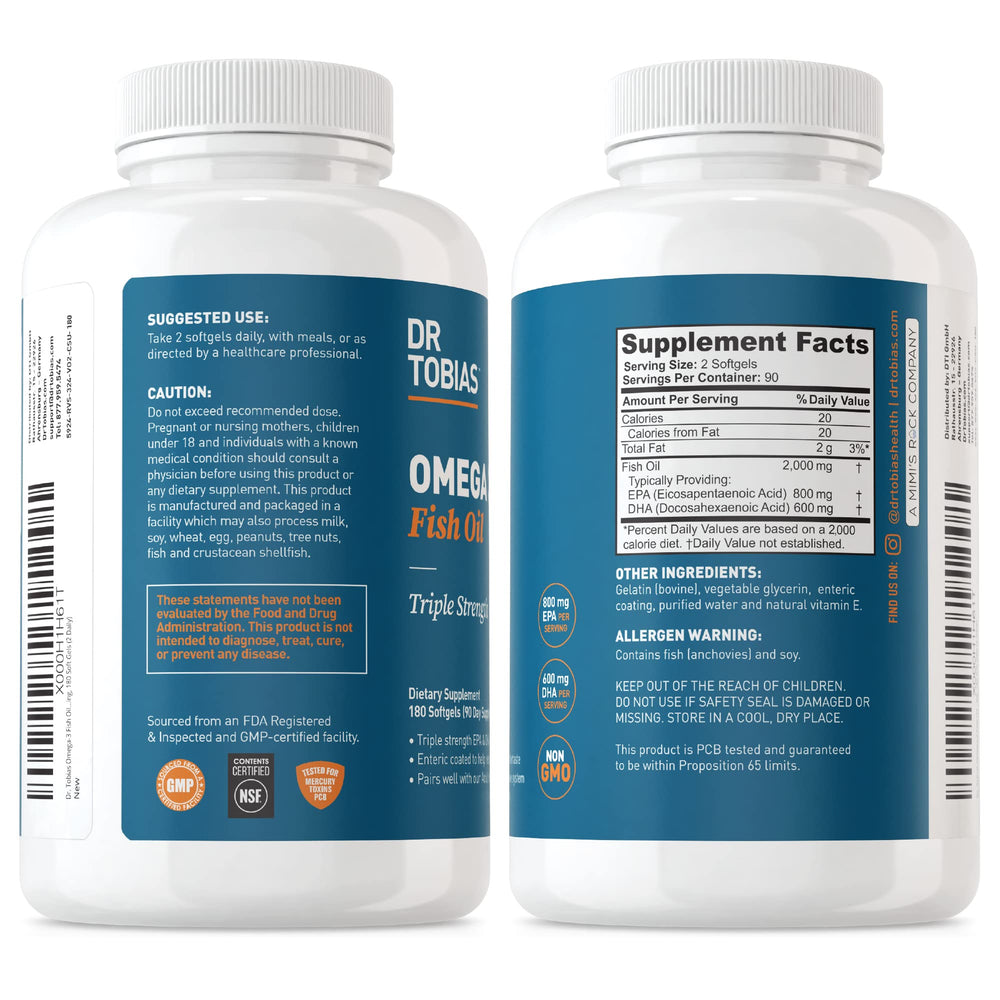 Dr. Tobias Omega 3 NSF-certified facility badge conveys trusted production standards.