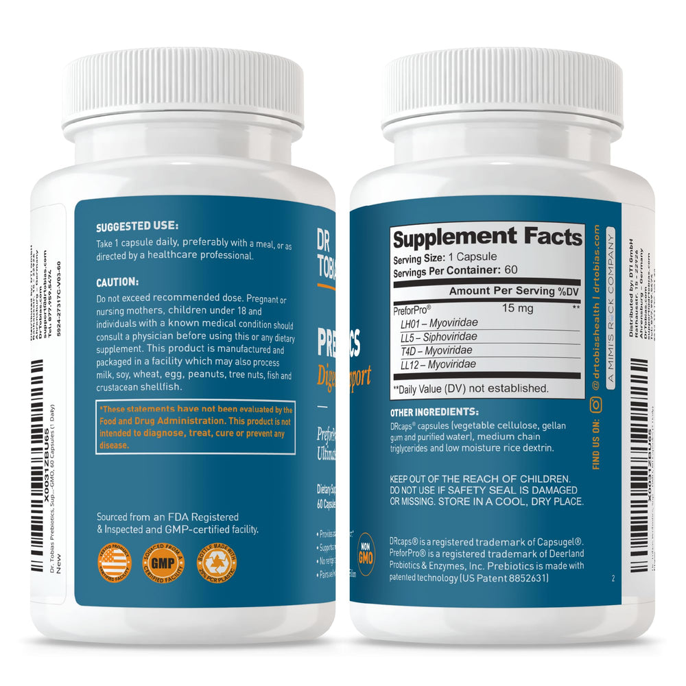 Dr. Tobias Prebiotics digestive support packaging box indicates vegan and USA-made quality.