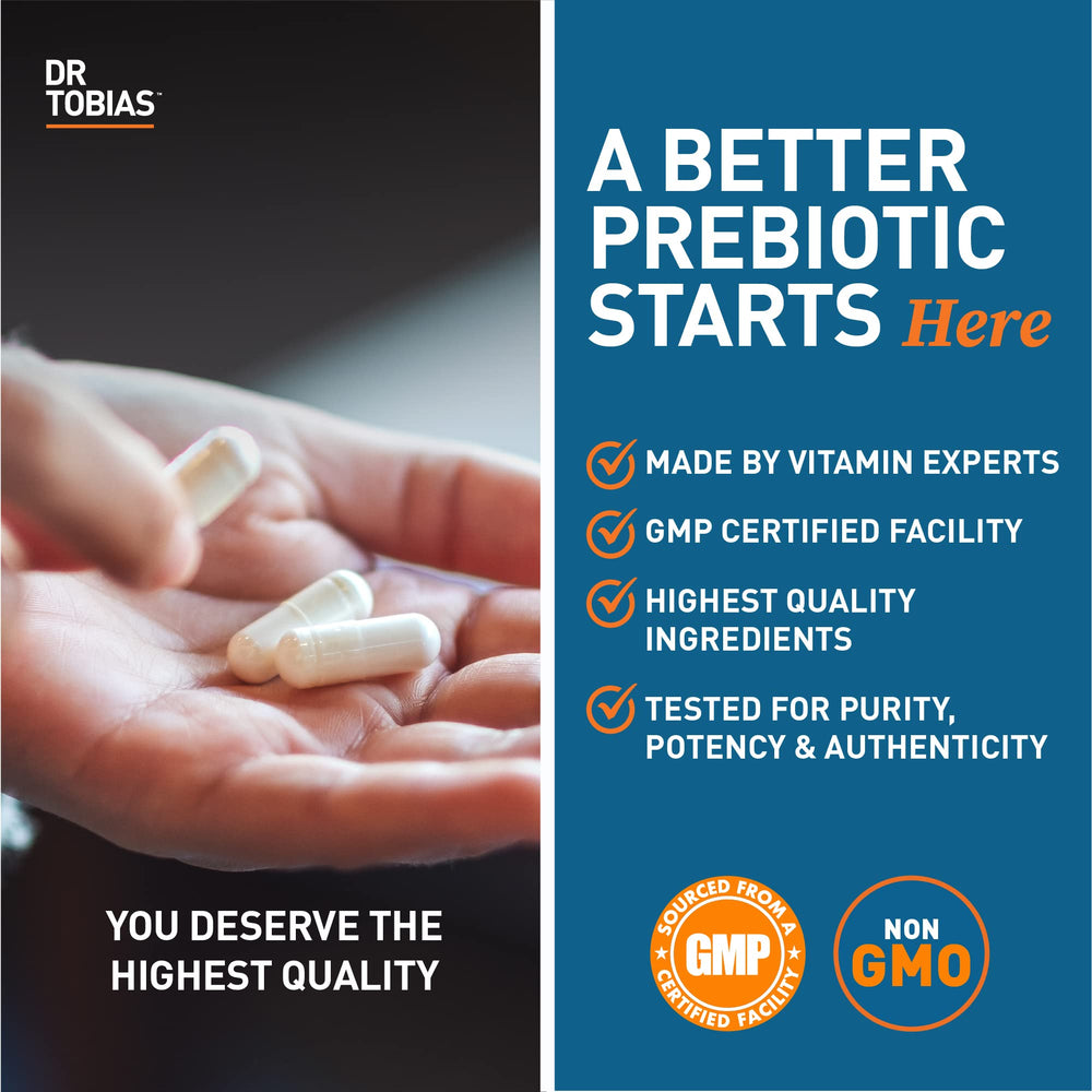 Dr. Tobias Prebiotics made in USA badge on bottle