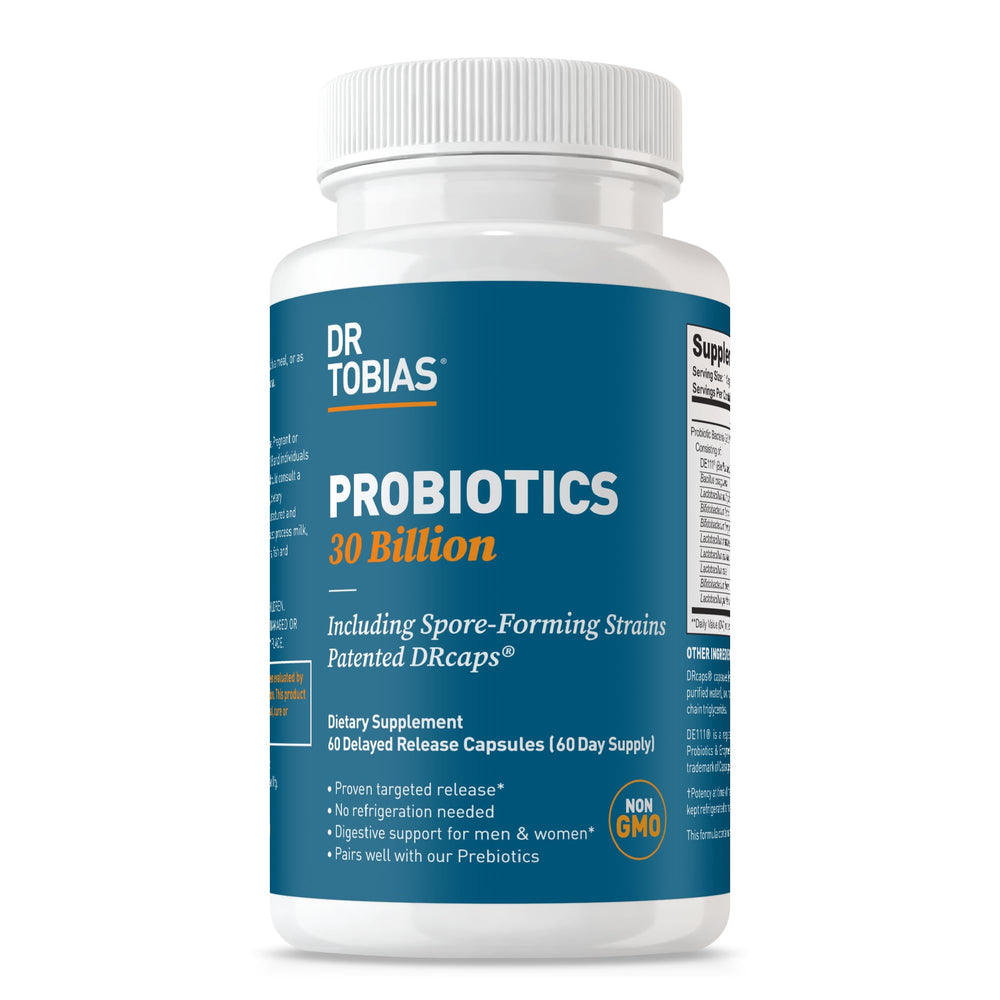 Dr. Tobias Probiotics 30 Billion bottle front view showing shelf-stable formula for daily digestive support.