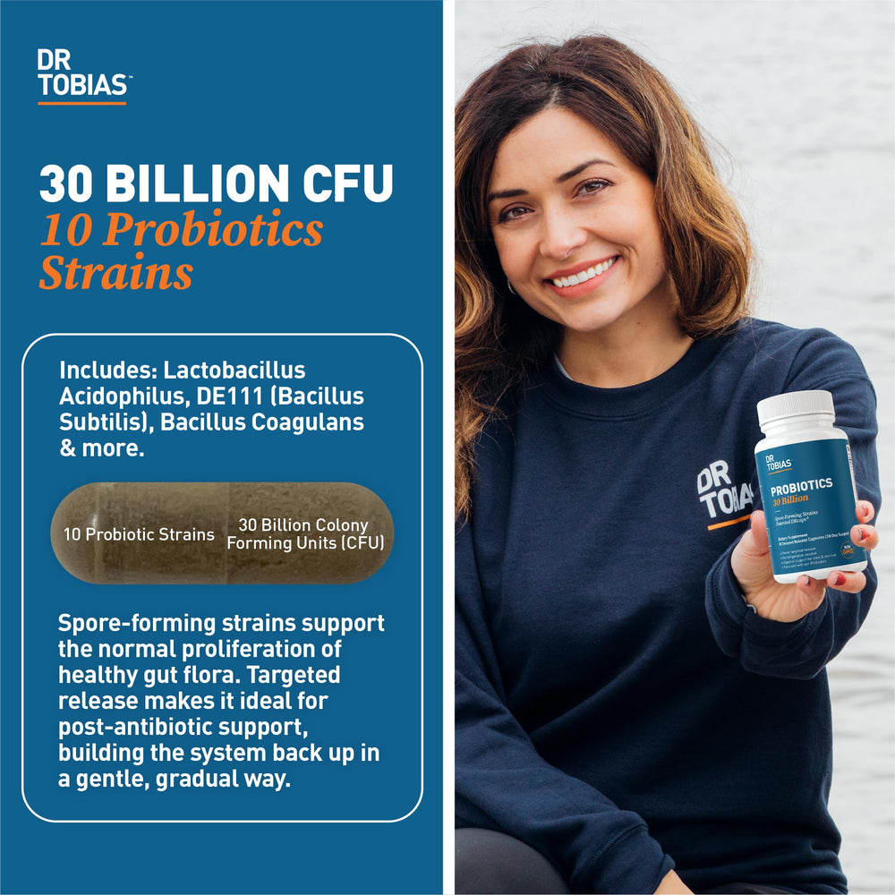 Dr. Tobias Probiotics 30 Billion capsules closeup highlighting the 10 strains inside for balanced gut flora.