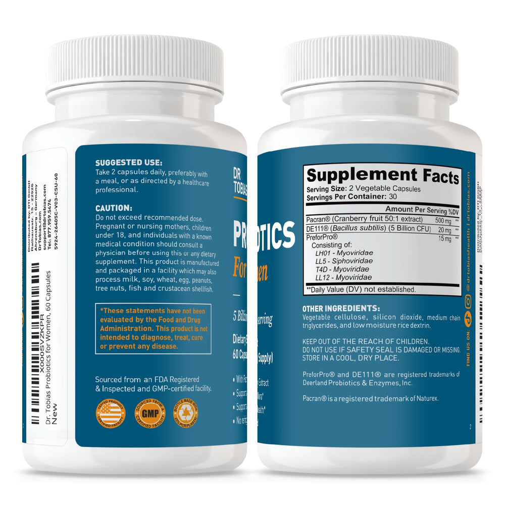 Dr. Tobias Probiotics Women dietary supplement supports digestive and immune health.