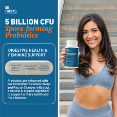 Dr. Tobias Probiotics Women bottle with prebiotic blend promotes urinary health.