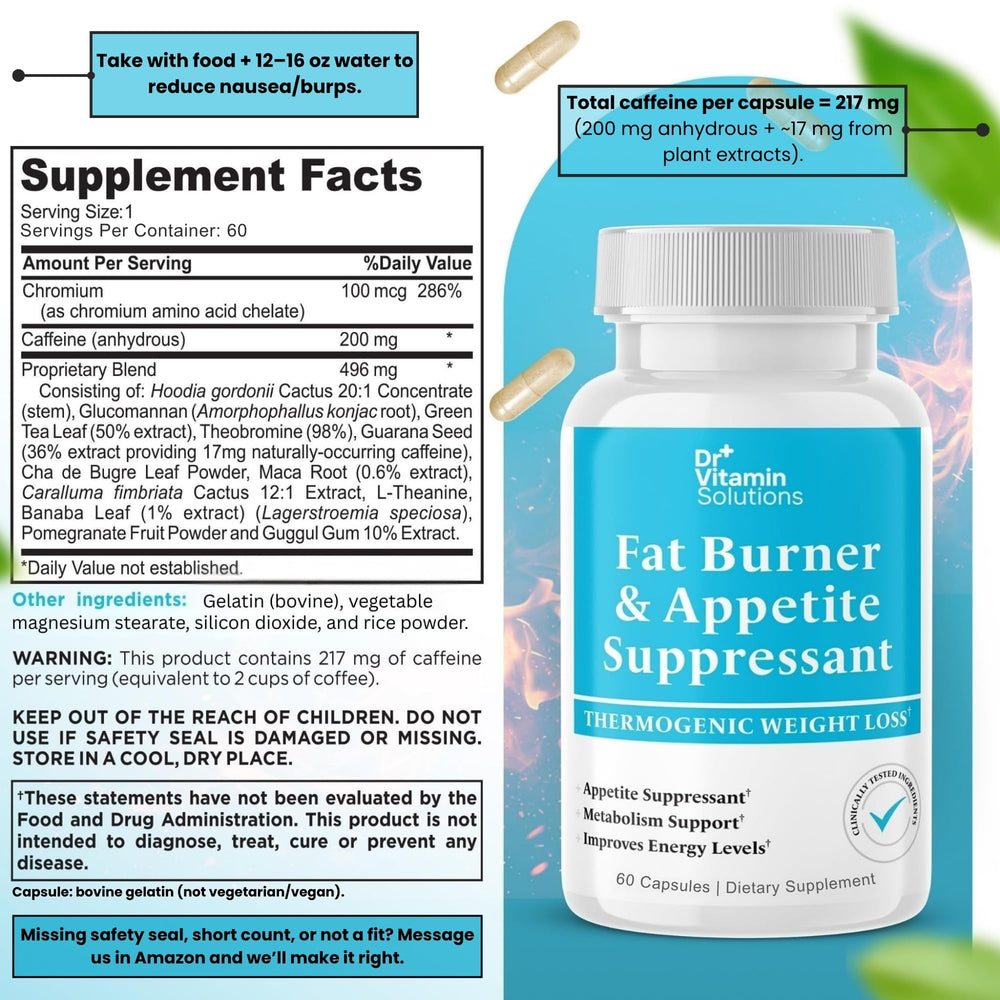 DR VITAMIN SOLUTIONS fat burner bottle back-label, clear ingredients list for informed choices